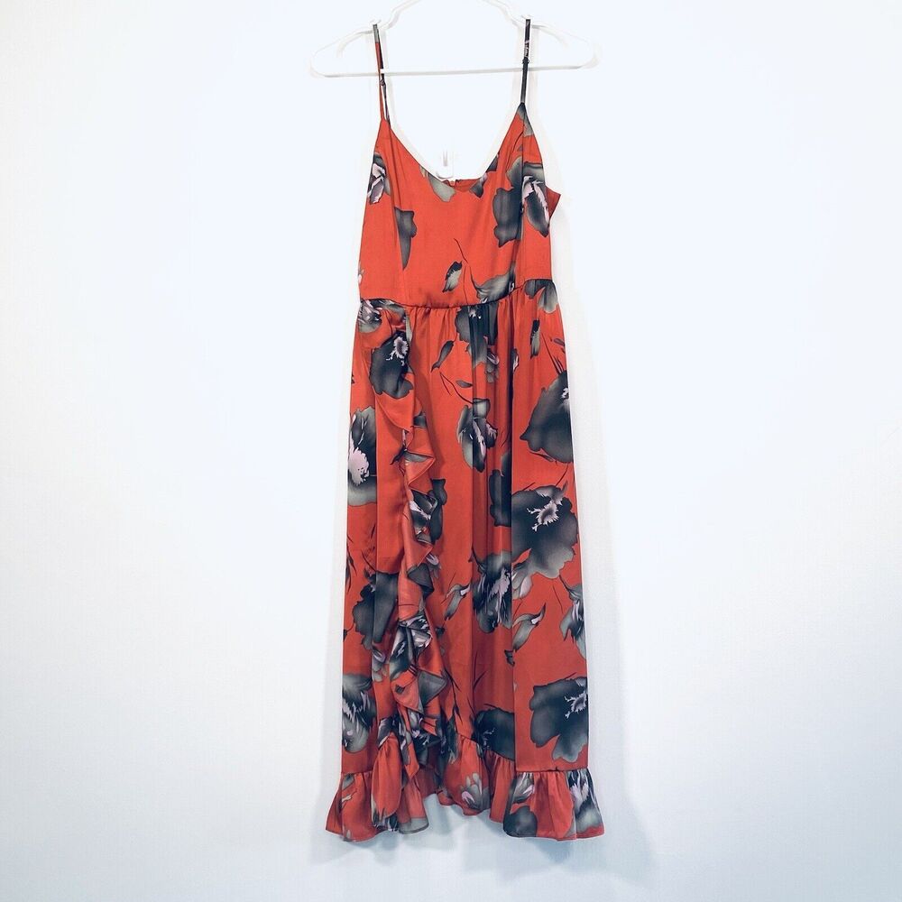 Anthropologie Dress Avec Les Filles Size 8 Orange Floral Spaghetti Strap Ruffle
